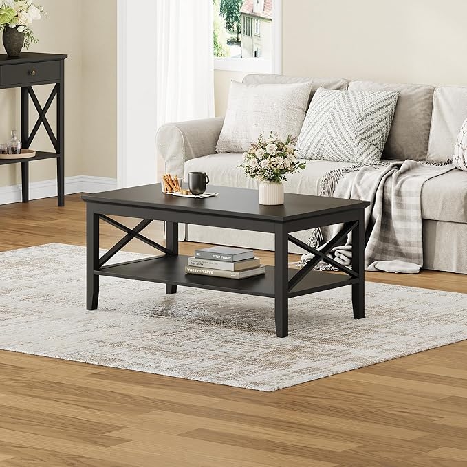 ChooChoo Oxford Coffee Table with Thicker Legs, Black Wood Coffee Table with Storage for Living Room