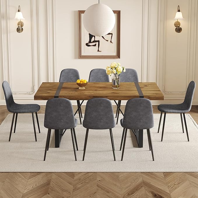 Dining Table Set for 8, 9 Piece Dining Table Set, 71'' Dark Wood Kitchen Table and Suede Nap Fabic Chairs Set of 8, for Kitchen Dining Room