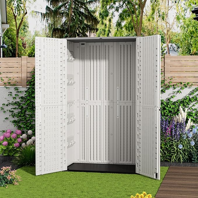 ZZM Resin Outdoor Storage Shed, 67 Cu.ft Vertical Resin Tool 4x6 FT Cabinet w/o Shelf for Garden, Patio, Backyard, All-Weather Outdoor Plastic Storage Clearance, Lockable with Floor (Light-White)