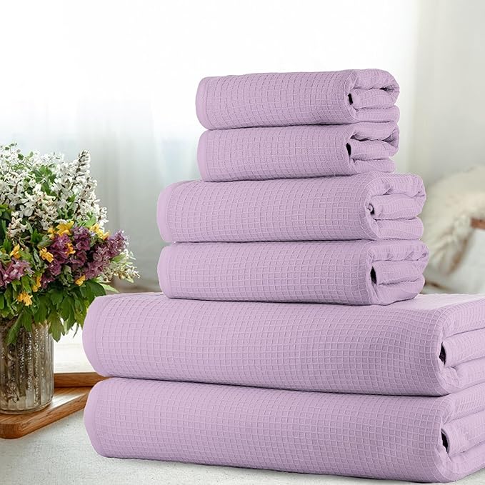 CASA COPENHAGEN Waffle Towel, 6Pieces 100% Cotton Large Towel Set- Purple Rose, 2Bath 2Hand 2Washcloths Instant Absorb and Dry, Soft Strong Towels for Hotel Spa Kitchen Bathroom & Shower