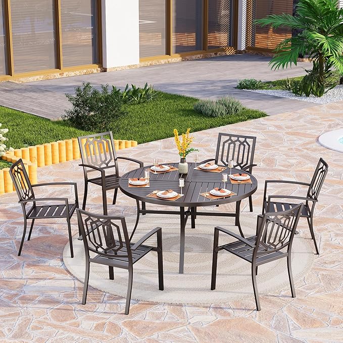 PHI VILLA 7 Pieces Outdoor Round Dining Set for 6, Wrought Iron Dining Circular Table with Umbrella Hole & Stackable Metal Steel Chairs, Large Dining Furniture Set for Patio, Deck, Yard, Porch