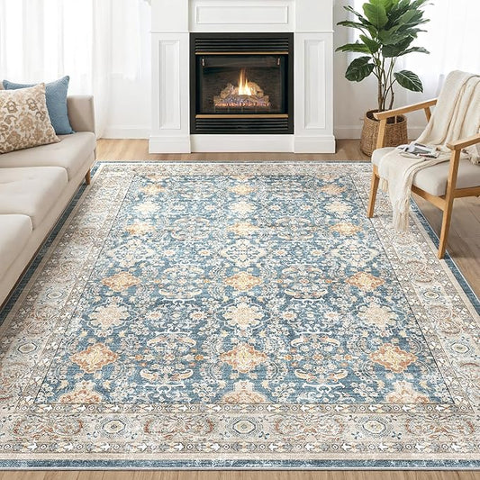 Area Rugs for Living Room: 9x12 Washable Rug Vintage Boho Floral Print - Ultra Thin Stain Resistant Large Soft Non Slip Foldable Carpets for Bedroom Dining Room Office Nursery - Blue