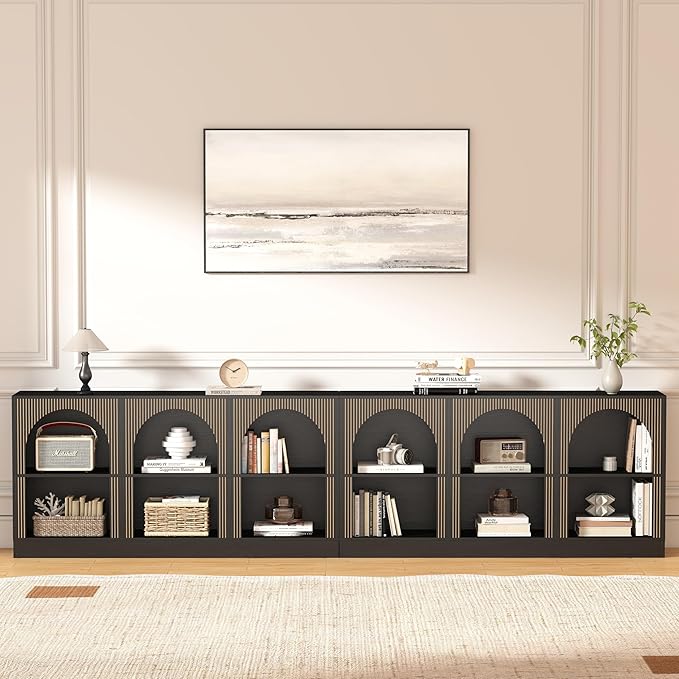 Console Table Set of 2, Extra Long 126" Arched Entryway Table with 3-Tier Open Storage, Rectangular Wooden Sofa Table for Living Room, Hallway, Behind Couch (2, Black)