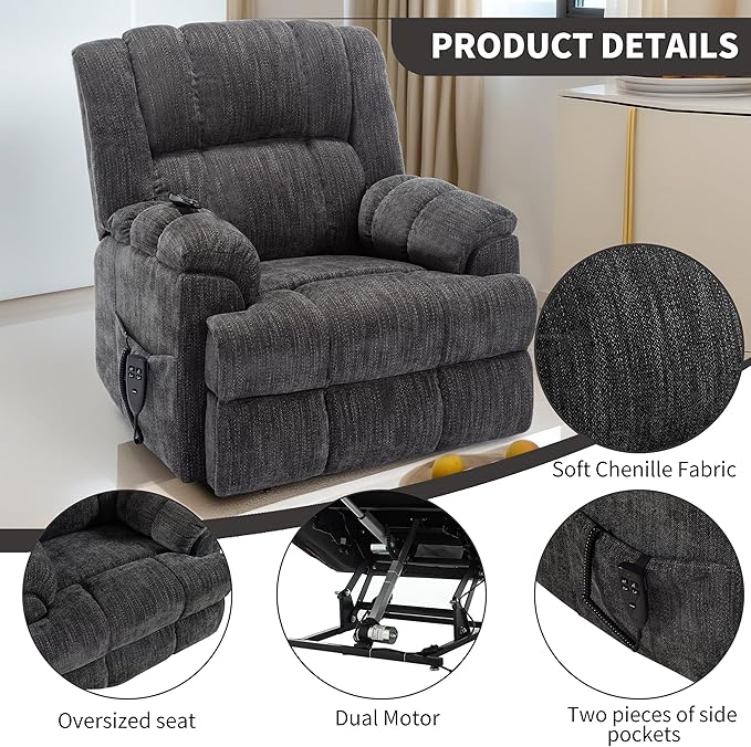 Luxlen Power Lift Recliner Chair for Elderly, Heat Massage Recliners, Dual Motor Oversized Lift Chair, Medium-Firm Electric Lift Recliners with Remote - Dark Grey