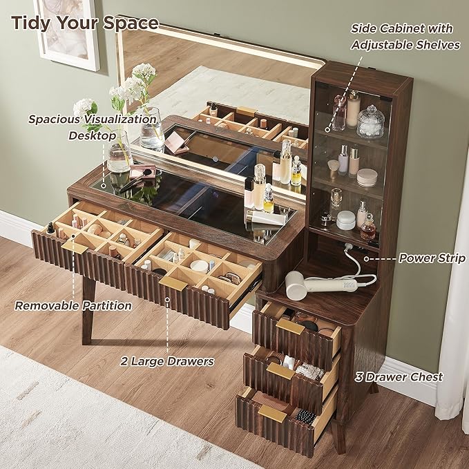 T4TREAM 48" Fluted Makeup Vanity Desk with Large 36" Mirror and Lights, Modern Glass Top Big Vanity Table w/5 Drawers & Adjustable Shelves, Dressing Table w/Charging Station for Bedroom, Dark Walnut