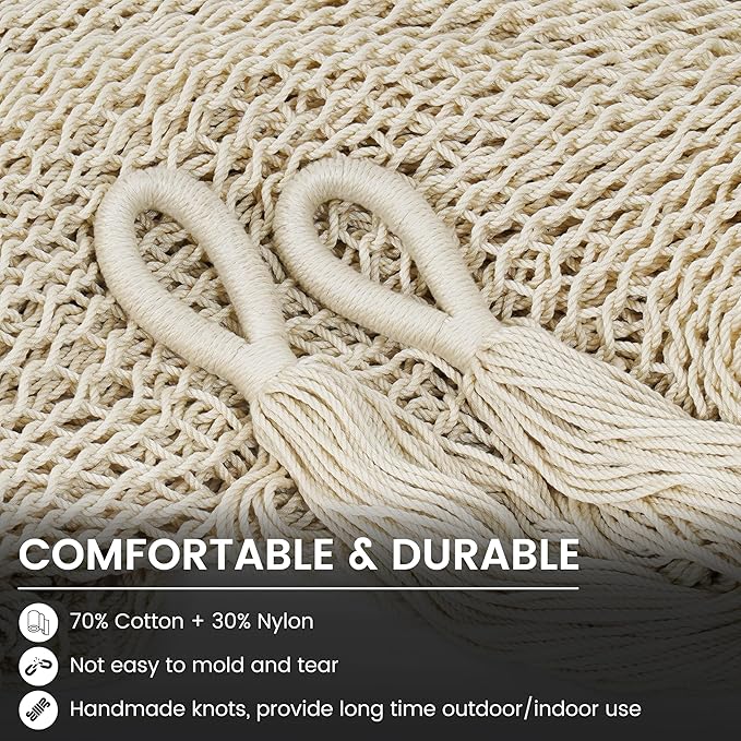 LazyDaze Hammocks Handwoven Outdoor Double Rope Mayan Hammock Bed, Tree Hammocks with Stand for Outside Patio Indoor Bedroom, hamacas para adultos, Beige