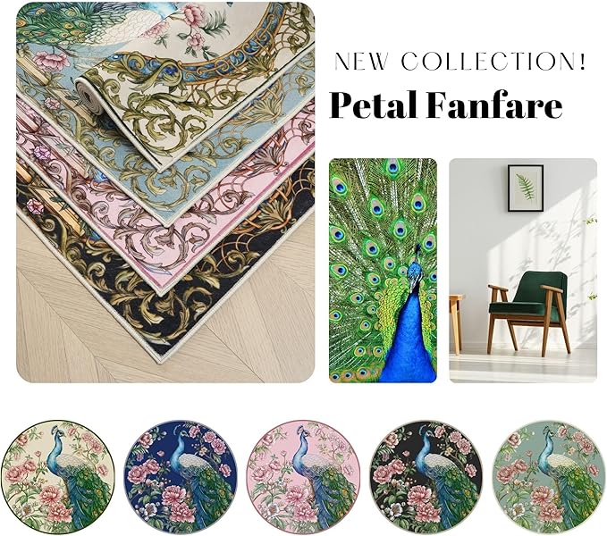 Round Rug 4ft Washable Circle Rug Non Slip Low Pile Floral Peacock Animal Small Circular Rug for Bedroom, Bathroom, Entryway, Kids Room, Office, College Dorm (Cobalt Blue)