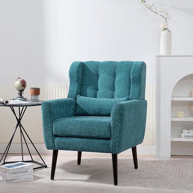 Accent Chair, Comfy Upholstered Living Room Chairs with High Tufted Backrest and Pillow, Wingback Reading Chair with Solid Wood Legs for Bedroom/Office, Chenille Fabric, Teal