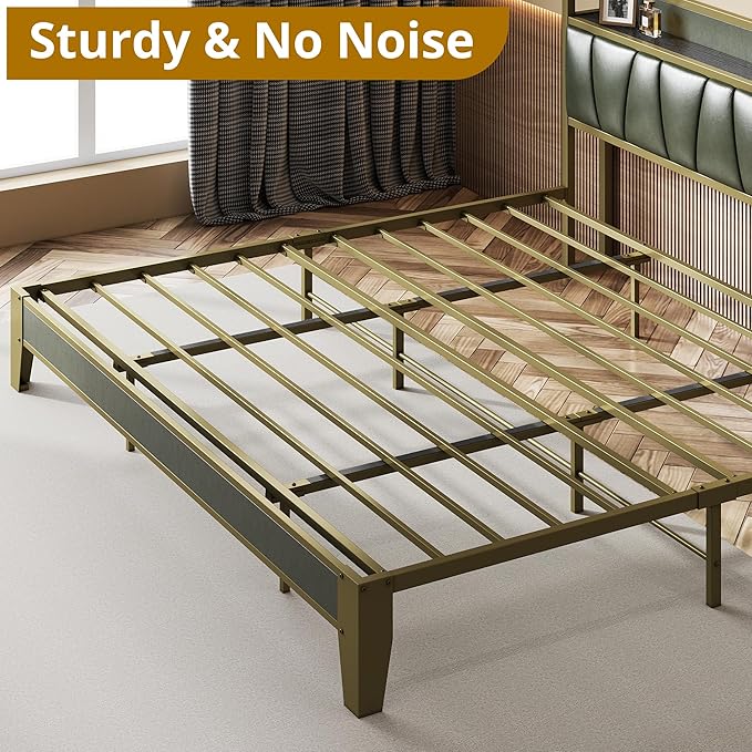 LIKIMIO California King Bed Frame, Storage Headboard with Charging Station, Solid and Stable, Noise Free, No Box Spring Needed, Easy Assembly (Dark Green)