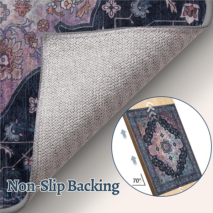 Tangsoo 2x5 Washable Runner Rug for Hallways, Non Slip Vintage Runner, Soft Low Pile Long Rug Runner, Print Distressed Navy/Mlulti Carpet Runners for Kitchen Bedroom Entryway Bathroom Living Room