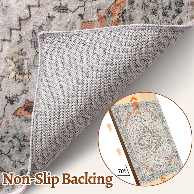 Tangsoo 4x6 Area Rug for Living Room, Washable Vintage Indoor, Distressed Taupe Carpet for Bedroom, Non Slip Dining Room Rugs, Soft Low Pile Rugs Foldable Floor Rug for Dorm Bedside Bathroom