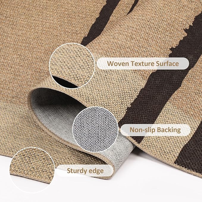 Easy Jute Area Rug 8x10, Large Living Room Washable Rug Indoor Outdoor Patio 8x10 Carpet, Farmhouse Irregular Pattern Throw Non Slip Black Carpet for Backyard Dining Room, Brown/Black