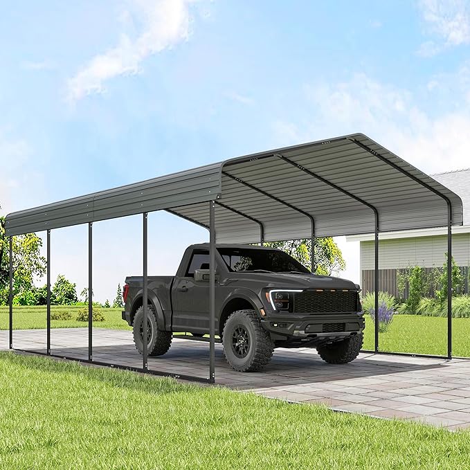 Real Relax 12x20FT Heavy Duty Metal Carport, Outdoor Carport Canopy with Galvanized Steel Roof and Reinforced Base for All-Weather, Garage Shelter Shade for Trucks, Boats, Party, Gray