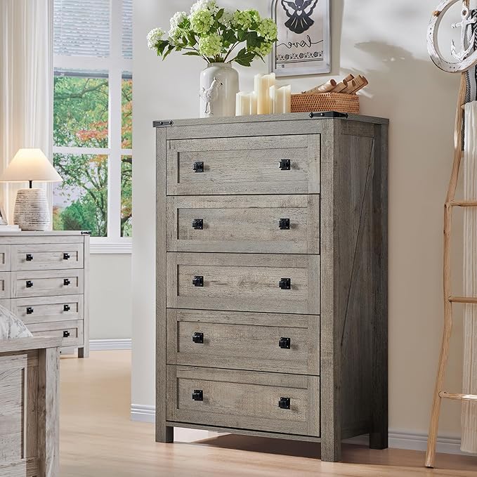 T4TREAM Farmhouse 5 Drawers Dresser Chests for Bedroom, Wood Rustic Tall Chset of Drawers,Dressers Organizer for Bedroom, Living Room,Hallway, Light Rustic Oak