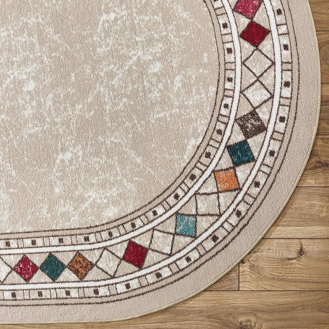 Antep Rugs Alfombras Modern Bordered 5x7 Non-Skid (Non-Slip) Low Profile Pile Rubber Backing Indoor Area Rugs (Beige, 5' x 7' Oval)