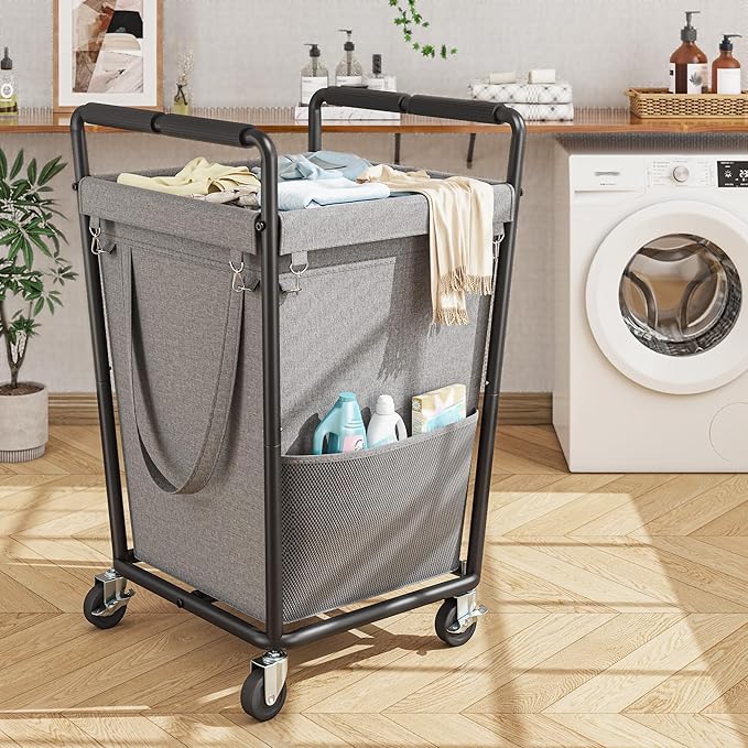 Laundry Basket with Wheels & Handles, 180L Laundry Cart with Removable Bag & Metal Frame for Clothes Storage, Laundry Room Organization Rolling Hamper with Wheels For Laundry, Dorm (Gray)