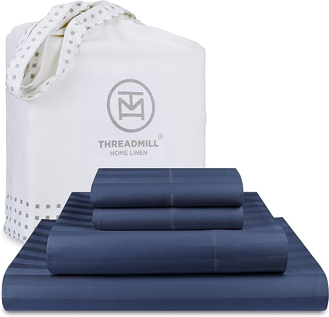 Threadmill 500 Thread Count Queen Size Damask Stripe, 4 Pc Luxury Cotton Sheet Set, Silky Smooth Folkstone Blue Sheets with 16" Elasticized Deep Pocket, 2 Pillowcases & Free Tote Bag