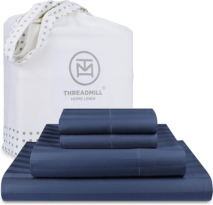 Threadmill 500 Thread Count Full-Size Damask Stripe, 4 Pc Luxury Cotton Sheet Set, Silky Smooth Folkstone Blue Sheets with 16" Elasticized Deep Pocket, 2 Pillowcases & Free Tote Bag
