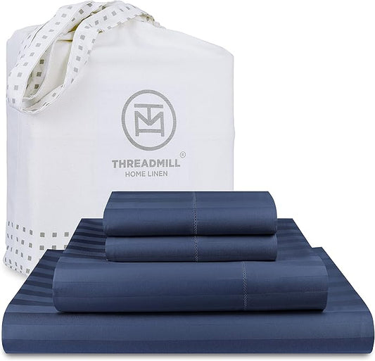 Threadmill 500 Thread Count Full-Size Damask Stripe, 4 Pc Luxury Cotton Sheet Set, Silky Smooth Folkstone Blue Sheets with 16" Elasticized Deep Pocket, 2 Pillowcases & Free Tote Bag