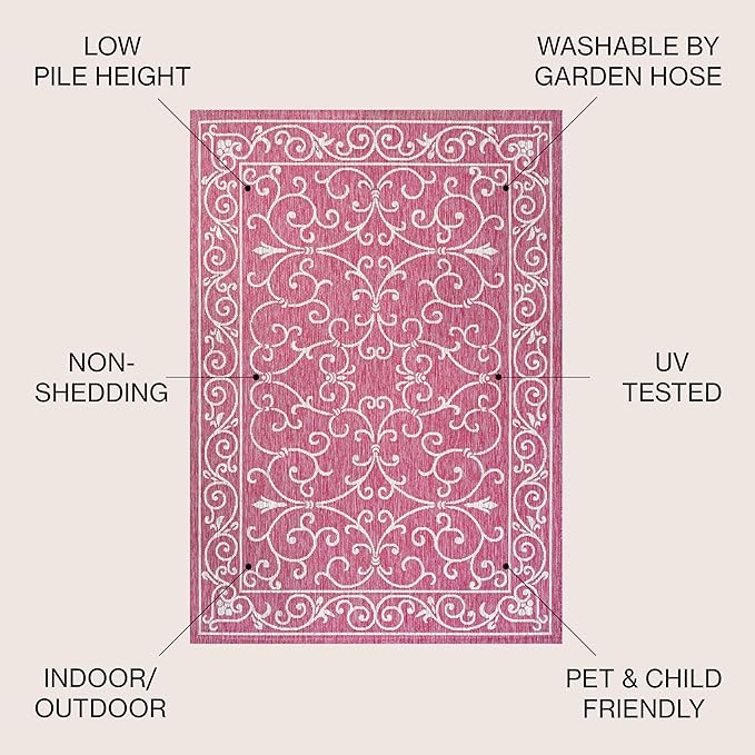 JONATHAN Y SMB106J-5R Charleston Vintage Filigree Textured Weave Indoor Outdoor Area Rug, Coastal, Bohemian, Classic Easy Clean,Bedroom,Kitchen,Backyard,Patio, Non-Shed, Fuchsia/Light Gray, 5' Round