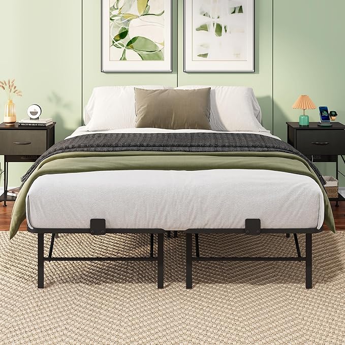 WLIVE Foldable Queen Bed Frames, Metal Platform Bed Frame Queen Size with Heavy Duty Steel Slats, No Box Spring Needed, Easy Assembly, No Noise, Black
