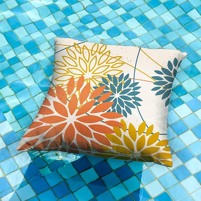 Orange and Yellow Floral Pillow Covers 18x18 Set of 2 Fall Outdoor Waterproof Decorative Throw Pillows Summer Pillowcovers Polyester Cushion Case Decor for Couch Patio Funiture Garden Porch 01Q18