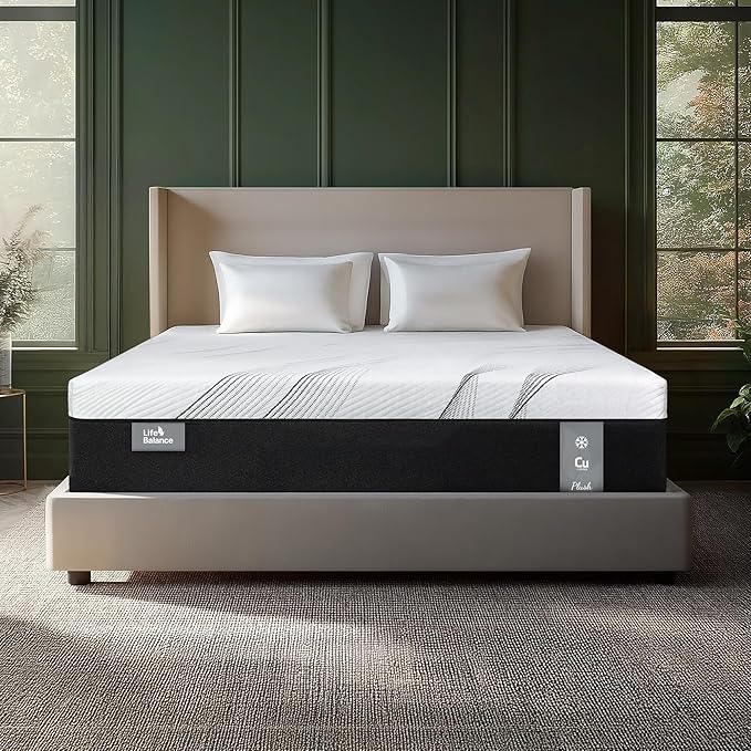 Life Balance Hybrid Twin Mattress 14 Inch, Made in USA, Plush, Individual Pocket Coils & Copper Gel Memory Foam， Hypoallergenic & Odorless, Motion Isolation & Pressure Relief, Mattress in a Box