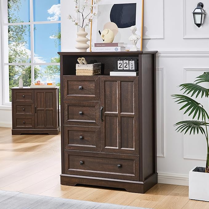 4+1 Cherry Dresser for Bedroom, Chest of Drawers for Bedroom with Wooden Drawers and Cross Door, Wood Dressers Storage TV Stand for Bedroom, Living Room