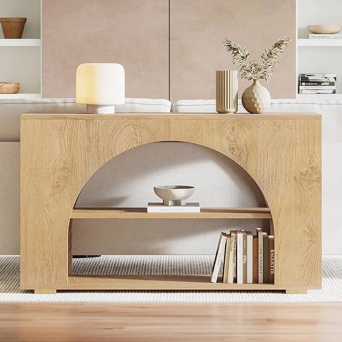 Sofa Console Table with Storage, 55" Farmhouse 3-Tier Hallway Wood Table for Living Room, Hallway, Foyer, Natural Wood