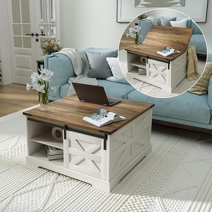 Farmhouse Coffee Table with Flip-Top Lid Rustic Wood Storage Center Table with Hidden Compartment and Sliding Barn Doors Square Cocktail Table for Living Room, Rustic White