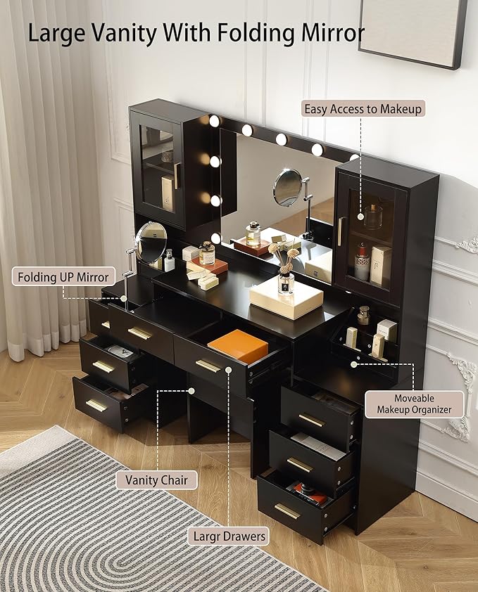 Extra Large Vanity with Folding Up Mirror and Lights,58.3'' Makeup Vanity Desk with Mirror and Lights,Outlet, Chair and Two Makeup Organizers,Dressing Table for Bedroom,Black