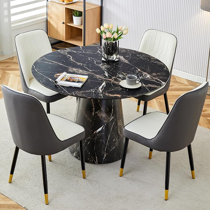45 Inch Round Dining Table Set for 4, 5 Piece Kitchen Table and Chairs Set, Black Faux Marble Table Top, Small Space Dining Set for Apartment or Dining Room