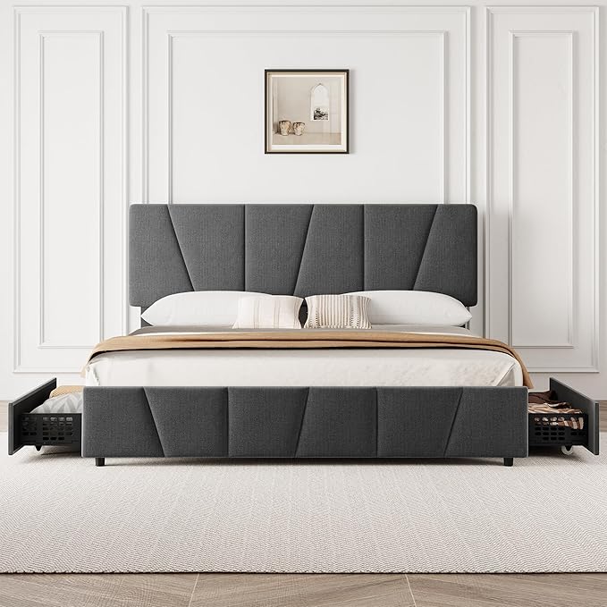 GarveeHome King Size Bed Frame with Adjustable Headboard and 4 Storage Drawers, Velvet Upholstered Tufted King Platform Bed Frames with Wooden Slats Support, King Bedframe No Box Spring Needed, Grey