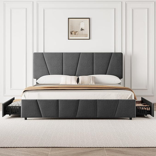 GarveeHome King Size Bed Frame with Adjustable Headboard and 4 Storage Drawers, Velvet Upholstered Tufted King Platform Bed Frames with Wooden Slats Support, King Bedframe No Box Spring Needed, Grey