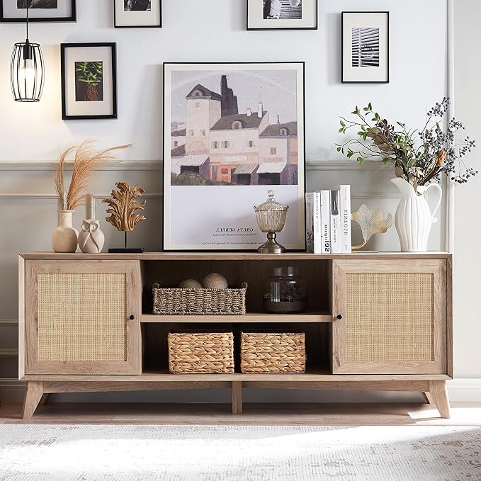 T4TREAM Rattan TV Stand for 75 Inch TV - Mid Century Modern Entertainment Center for Living Room, Large Boho Media TV Console with Storage Shelves, Oak