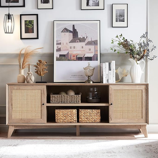 T4TREAM Rattan TV Stand for 75 Inch TV - Mid Century Modern Entertainment Center for Living Room, Large Boho Media TV Console with Storage Shelves, Oak