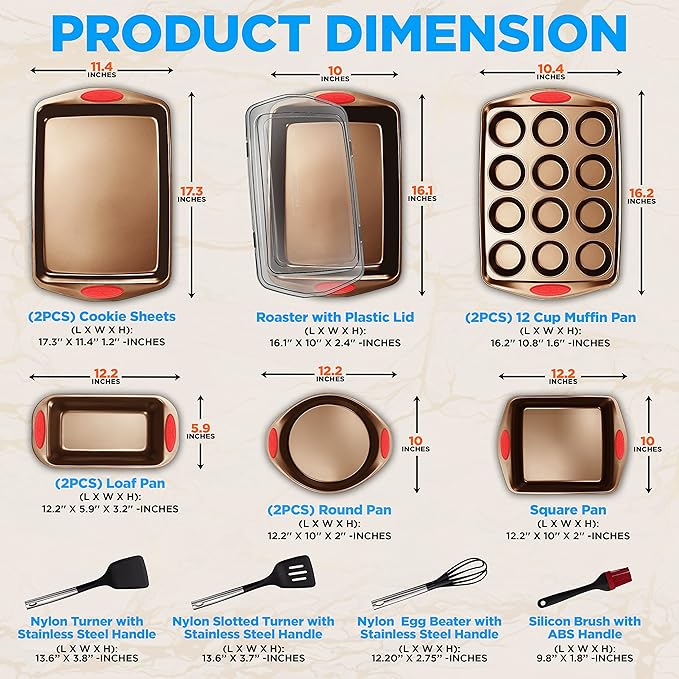 NutriChef 15-Piece Non-Stick Baking Pan Set - Durable Carbon Steel Bakeware Set with Loaf & Muffin Pans, Square & Round Cake Pans, Roaster Pan with Lid, Cookie Sheet, & Nylon Utensils - Gold