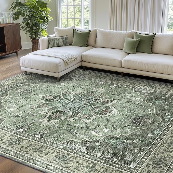 Area Rugs 8'x10' Washable Non-Slip, Floral Vintage Distress Print Pattern Medallion Carpet for Living Room Bedroom Dining Room, Dark Green Gray