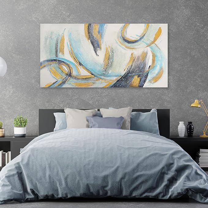 Glvzygy Abstract Wall Art Blue and Gold Wall Art Abstract Canvas Wall Decor Frame Artwork Modern Home Wall Decor for Living Room Bedroom Office 24"x48"