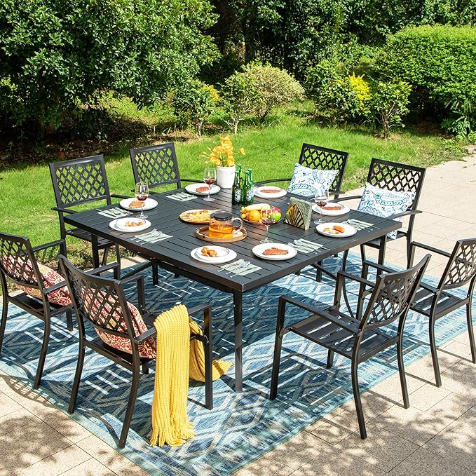 PHI VILLA 9 Piece Patio Dining Set, Metal Outdoor 60'' Square Table Furniture Set with 6 Backyard Armrest Stackable Chairs, Table with 1.57'' Umbrella Hole for Patio, Deck, Black
