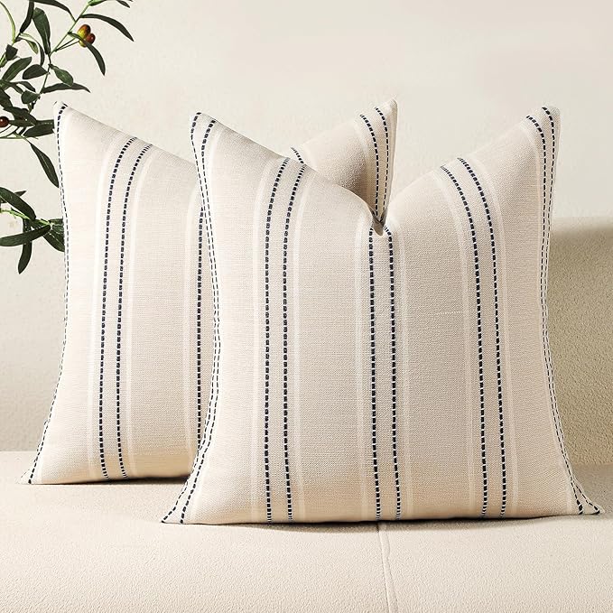 Hckot Throw Pillow Covers 20x20 Set of 2 Striped Pillow Covers Textured Linen Decorative Pillows Square Cushion Covers for Sofa Couch Bed Living Room Farmhouse Decor, Navy