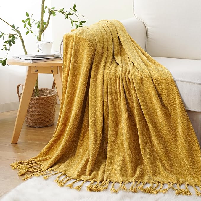 BATTILO HOME Mustard Yellow Throw Blanket for Couch Bed Sofa, Yellow Gold Chenille Throw for Spring Summer, Lightweight Knit Blanket for Home Decor, 50"x60"