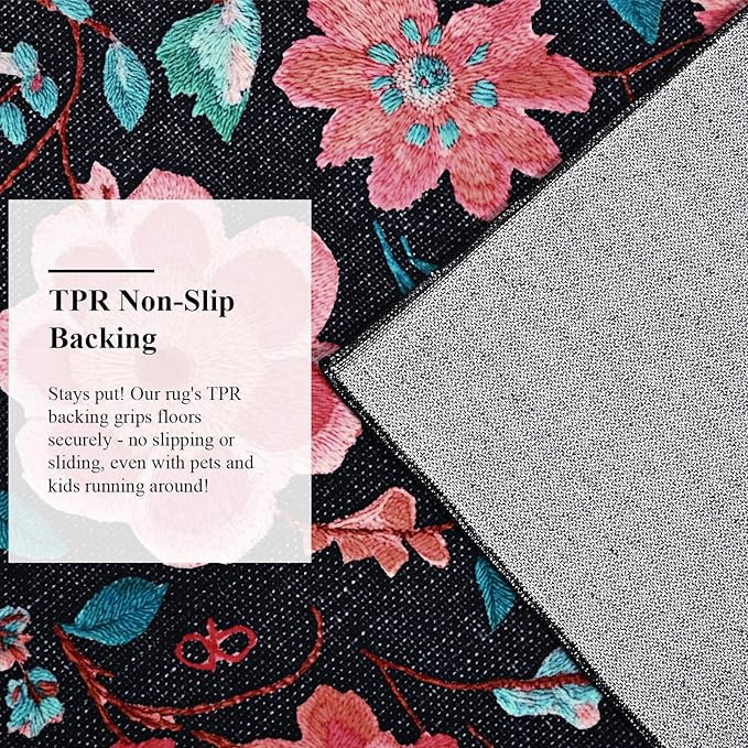 9x12 Area Rug for Living Room Clearance, Modern Washable Rug Non Slip Low Pile Floral Rugs for Living Room, Bedroom, Farmhouse, Dining Room, Kids Playroom, Black