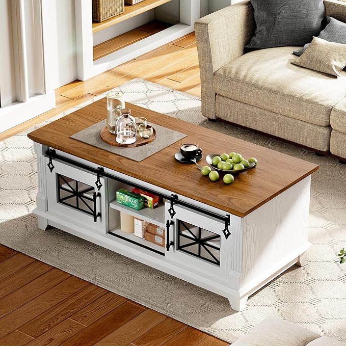 IRONCK 48'' Coffee Table with Sliding Barn Doors, Rustic Center Table with 6 Large Storage Space, Glass Doors and Adjustable Middle Shelf, Farmhouse Coffee Tables for Living Room, White