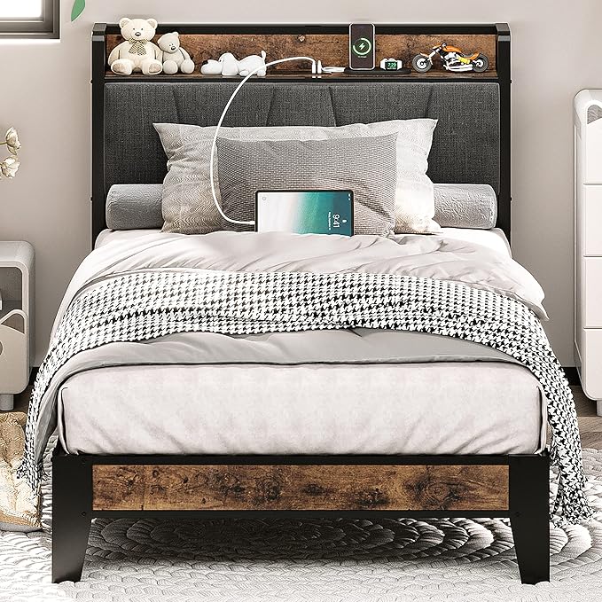 LIKIMIO Twin Bed Frames, Storage Headboard with Charging Station, Solid and Stable, Noise Free, No Box Spring Needed, Easy Assembly