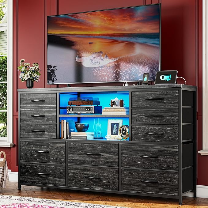 Black TV Stand with 12 Fabric Drawers for 55 inch TV, Entertainment Center with Charging Station & LED Lights, TV Media Console Table with 2 Open Storage Shelves for Living Room, Dorms, Wood Top