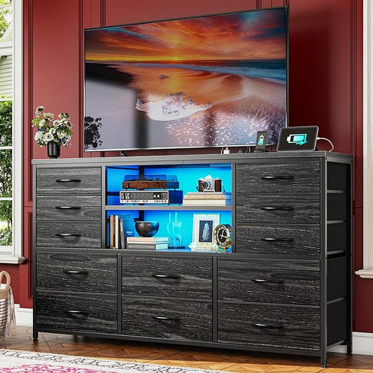 Black TV Stand with 12 Fabric Drawers for 55 inch TV, Entertainment Center with Charging Station & LED Lights, TV Media Console Table with 2 Open Storage Shelves for Living Room, Dorms, Wood Top