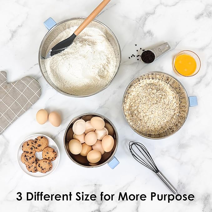 Rorence Stainless Steel Mixing Bowls Set: Non-Slip Silicone Bottom Kitchen Bowls with Pour Spout, Handle and Lid - Set of 3 - Light Blue