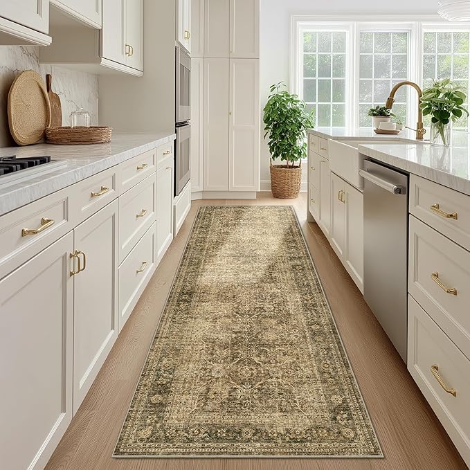 FMFUNCTEX 3x12 Runner Rug Brown Washable Vintage Neutral Distressed Non Slip Low Pile Indoor Carpet Soft Retro Floral Hallway Entryway Rug for Kitchen Living Room Bedroom Bathroom Laundry Bedside