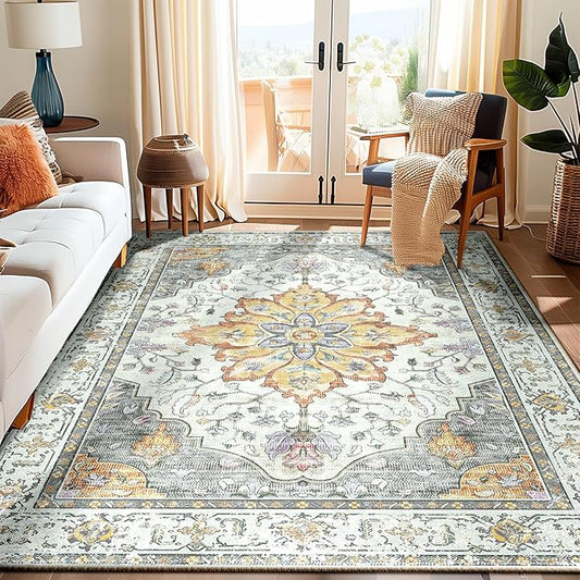 Area Rugs 6'x9' Washable Non-Slip, Floral Vintage Distress Print Pattern Medallion Carpet for Living Room Bedroom Dining Room, Light Yellow Carbon Grey Orange